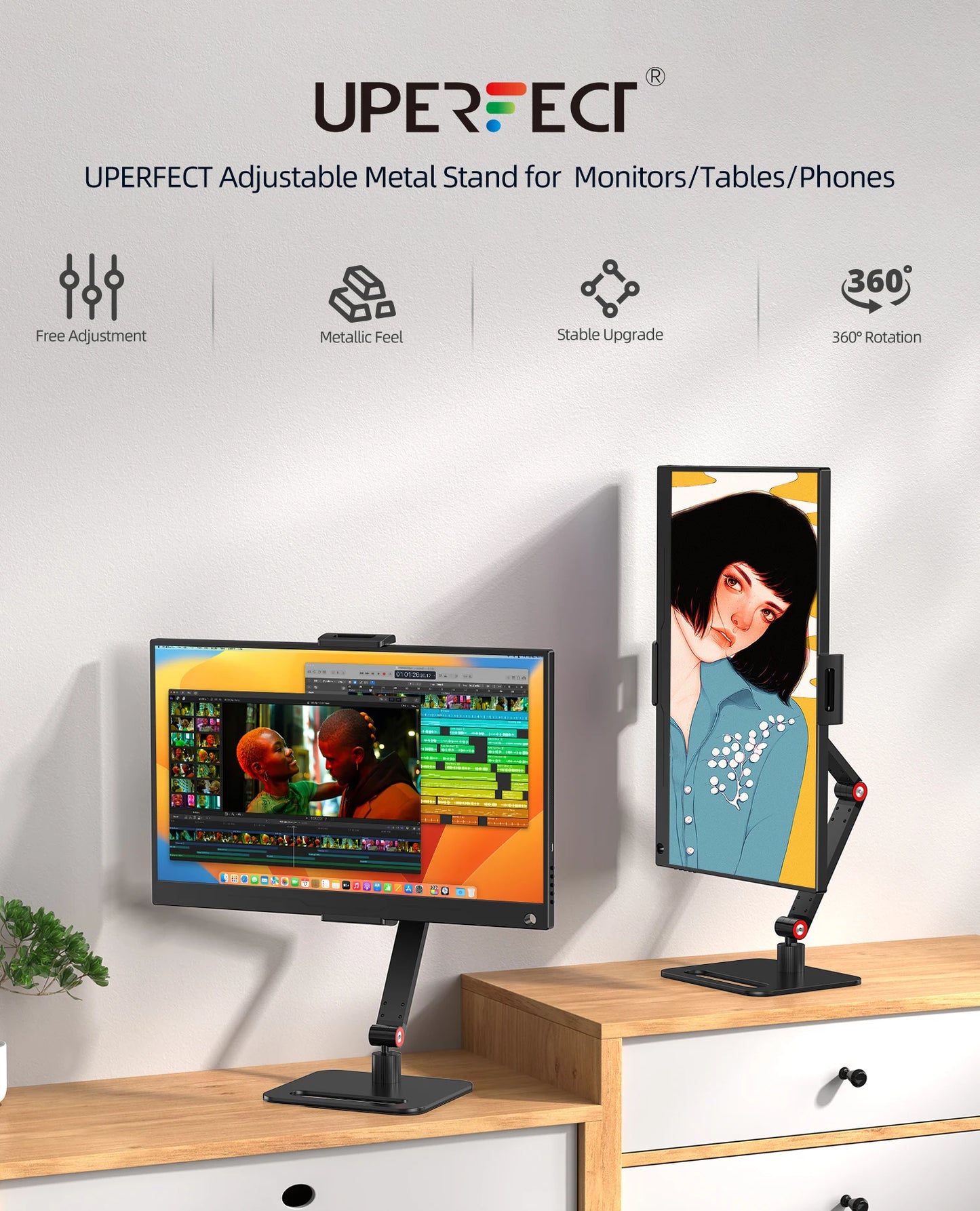 UPERFECT Portable Monitor Desk Holder Metal Stand 18 Inch Universal Expandable Display Base VESA Mount External Vertical Screen