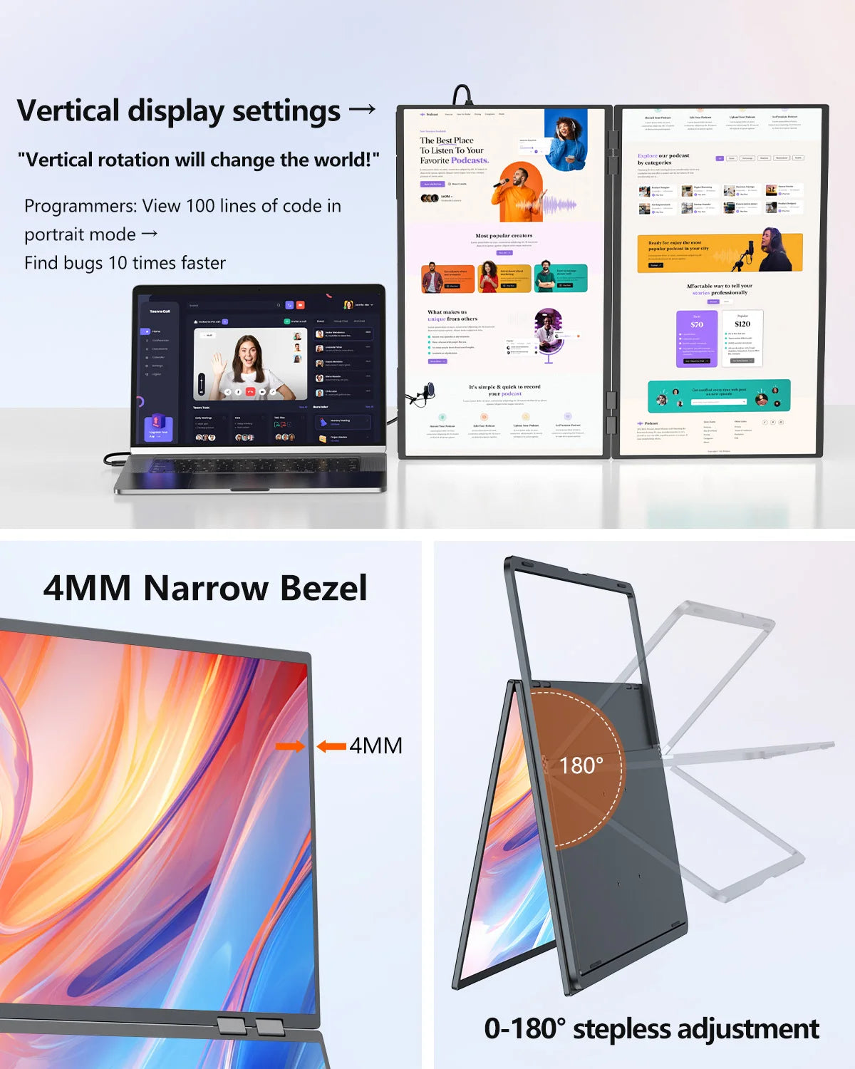 UPERFECT Delta 23.8" 100Hz Dual Portable Monitor 1080P Stacked Displays USB-C HDMI Triple Laptop Screen Extender for Laptop PC