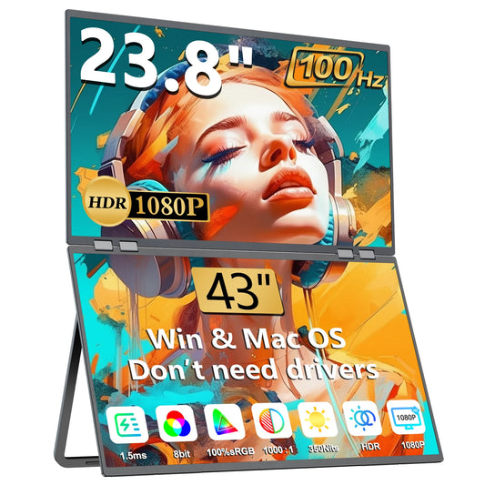 UPERFECT Delta 23.8" 100Hz Dual Portable Monitor 1080P Stacked Displays USB-C HDMI Triple Laptop Screen Extender for Laptop PC